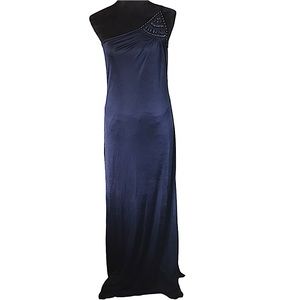 BCBGMaxazria Navy Blue Asymmetrical Beaded Maxi Dress